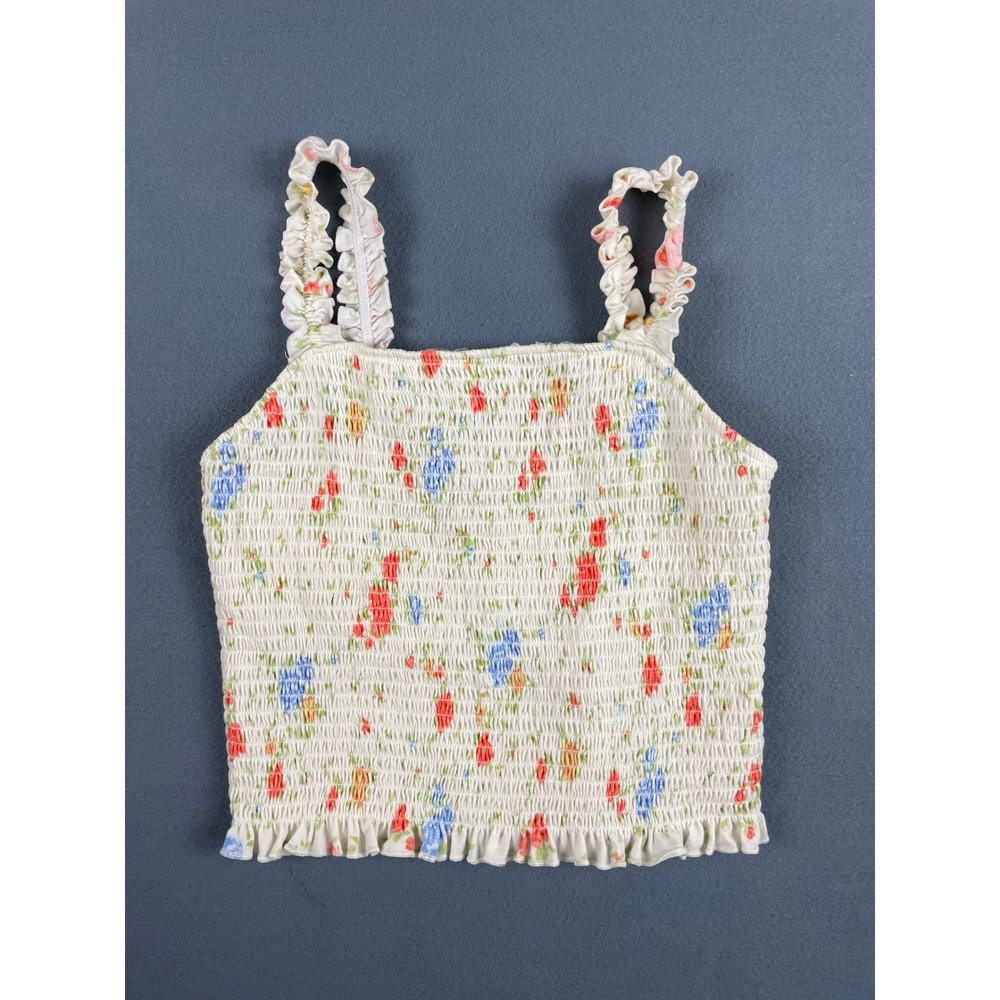 SO Floral Smocked Crop Tank Coquette Cottagecore Y2K White Cotton Blend Medium